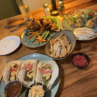 Ahi Tacos, Buffalo Wings, Truffle Fries, Seasonal Burrata Salad