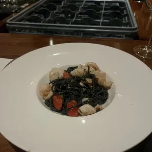 Squid ink capellini with shrimp