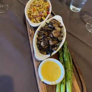 Skillet corn, Grilled Asparagus with Bernaise, and Pan - seared Button &amp; Hen of the Woods Mushrooms  So tasty !!