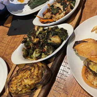 Brussel sprouts (AMAZING!), crisp cauliflower and veg; and twice baked potatoes