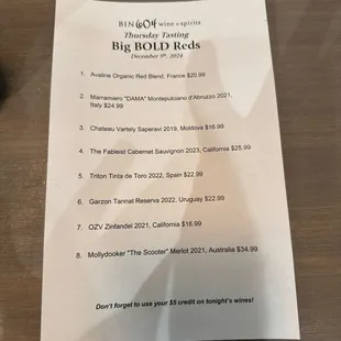 Tasting list