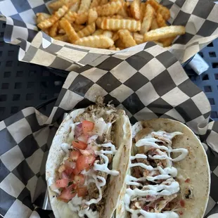 Game Day Tacos - One Italian Sausage and One Yard Bird (Gilles shredded Chicken) w side of Fries