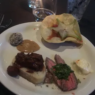 Small plate. Grouper ceviche with mango, empanada (missing), Carne asada  with chimichuri, Caponata and dulce de leche &amp; chocolate truffle