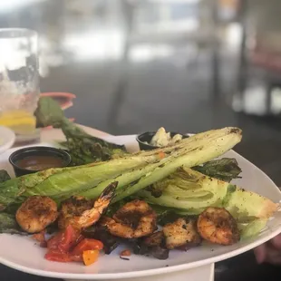 Grilled romaine salad with grilled shrimp