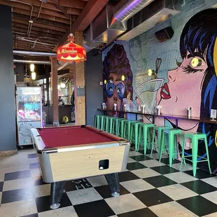 a pool table in a restaurant