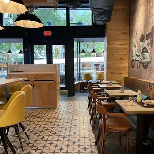tables and chairs in a restaurant