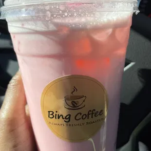 Strawberry boba tea with strawberry popping bobas. (Not blended)