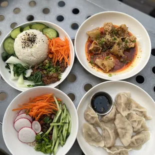 three plates of food