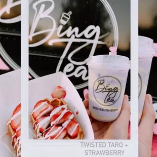 Twisted taro &amp; strawberry cheesecake honeycomb mochi waffle