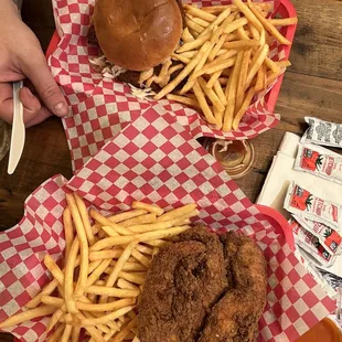 Top - spicy chicken sandwich and fries. Bottom - chicken strips and fries.