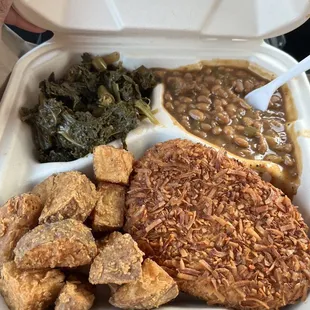 Coconut Chick'n collard greens, potato wedges, baked beans