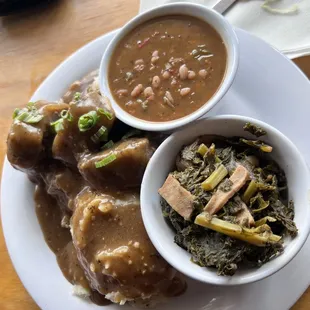 Smothered Oxtails Greens Baked Beans Mashed Potatoes Gravy