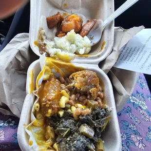 Sweet potatoes, smoked chik'n and honey gold sauce, greens, Mac and cheese, mashed potatoes and gravy, potato salad, and baked beans.