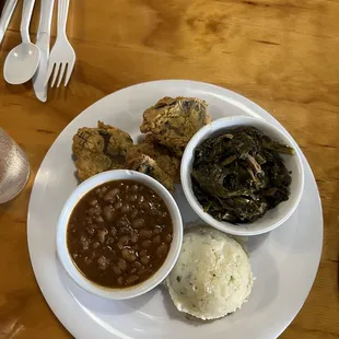 Fried Mushrooms, Greens, Mashed Potatoes, Baked Beans.