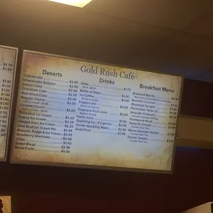 Gold rush dessert, drinks and breakfast menu