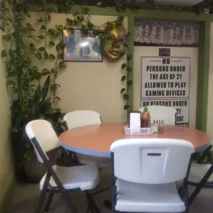 a table and chairs in a restaurant