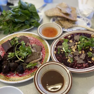 Duck's blood aka Vietnamese pizza and various innards (stomach, liver etc)