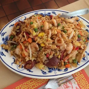 Fried rice with chicken shrimp and Vietnamese sausage!!