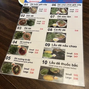 a menu and a plate of food