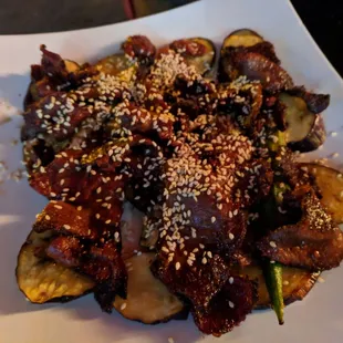 Beef tongue with eggplant