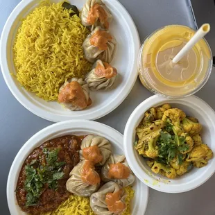 Momos, Baigun Bharta, Mango Lassi, Cauli Haryo Kerau Lasun