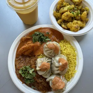 a plate of food and a drink