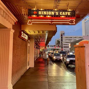 Sign for Binion&apos;s Cafe from the street.