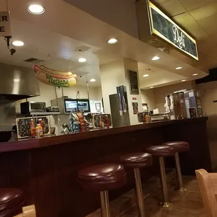 a row of stools in front of the counter