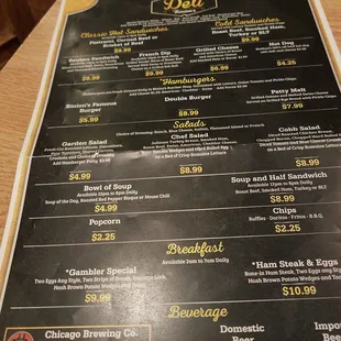 a menu with prices