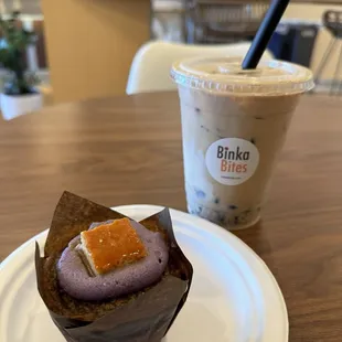Vietnamese coffee with coffee jelly and Ube flan bibinka