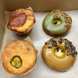 Savory Selection: Binka Pizza &amp; 
Jalapeño Cheddar Muffins 

Binka Donuts: Matcha Toasted Rice &amp;
Mango Cocoa Nibs
