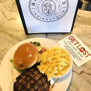 a burger and macaroni and cheese