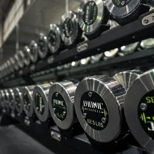 Chrome dumbbells starting at 7.5 pounds and ending at 180 pounds.