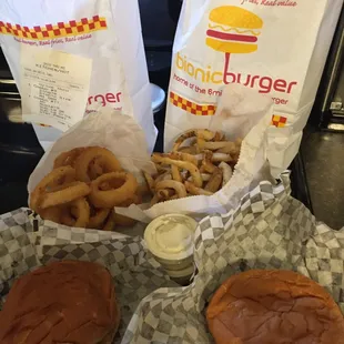 Large onion ring, large fry, bacon cheddar burger, pork tenderloin
