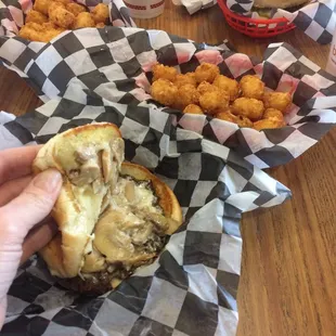Swiss mushroom burger and tots: a lot of food for $8.00!