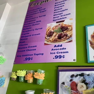 Drink prices and crepe menu