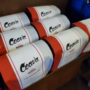 a display of coffee bags