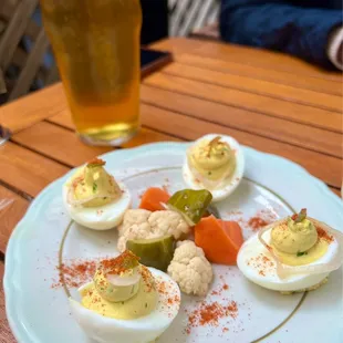 deviled eggs with calabrian chili aioli &amp; pickled jalapeños