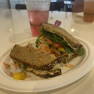Hummus Veggie Sandwich. Blueberry Iced Tea