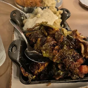 Fried Brussels Sprouts and Mashed Potatoes and Gravy comes with the fried chicken