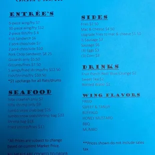 the menu for the restaurant