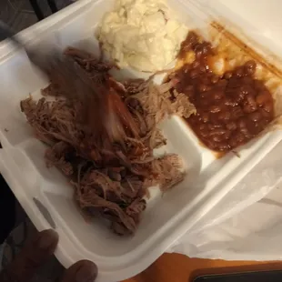 pulled pork, beans and mashed potatoes