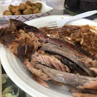 Ribs, beans and okra.