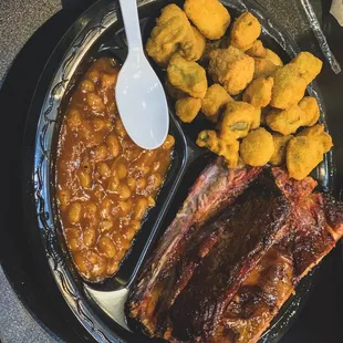 Pork spare ribs with fried okra and baked beans