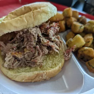 Pork sandwich lunch special, with fried okra