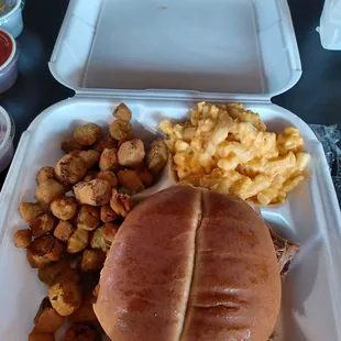 Brisket Sandwich, okra and Mac and cheese