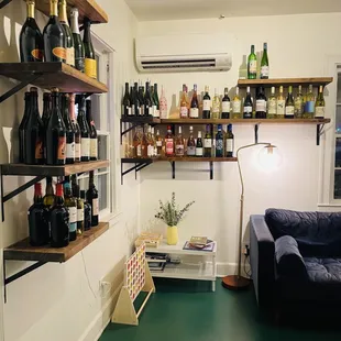 wine bottles on shelves
