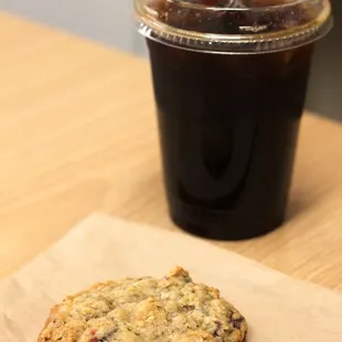 Orange, Cranberry, &amp; Chocolate Oat Cookie from Ovenbird Bakery ($3) and Large Iced Coffee ($3.75)