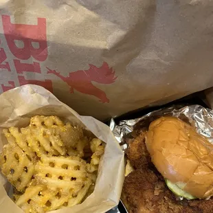 Chicken sandwich with crinkle cut fries