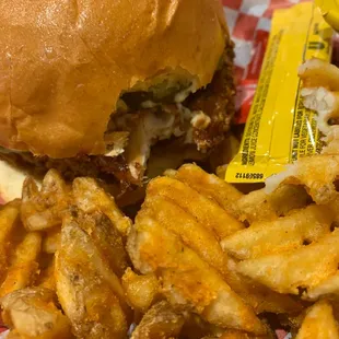 Sandwich and waffle fries